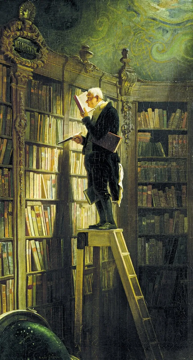 The Bookworm (1850) by Carl Spitzweg — original painting reproduced as a hand-painted oil on canvas