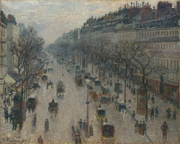 The Boulevard Montmartre on a Winter Morning (1897) by Camille Pissarro — original painting reproduced as a hand-painted oil on canvas