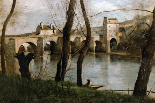 The Bridge at Mantes (1868) by Jean-Baptiste Camille Corot — original painting reproduced as a hand-painted oil on canvas