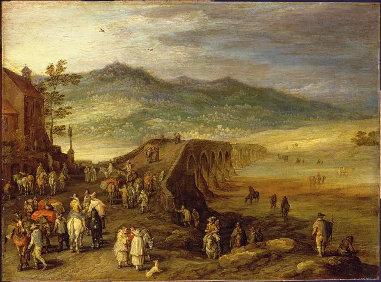 The Bridge at Talavera (1610) by Jan Brueghel the Elder — original painting reproduced as a hand-painted oil on canvas