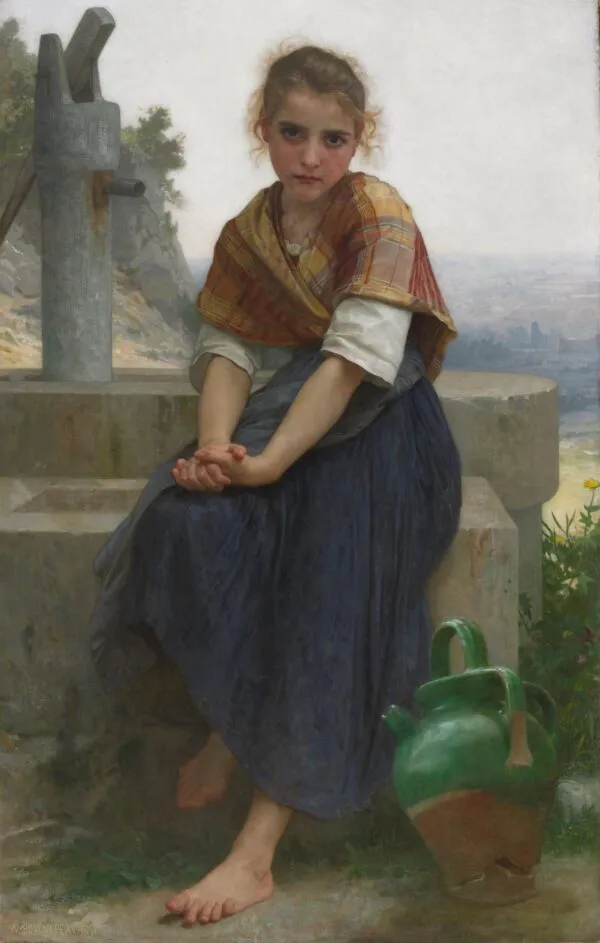 The Broken Pitcher (1891) by William-Adolphe Bouguereau — original painting reproduced as a hand-painted oil on canvas
