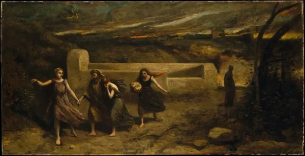The Burning of Sodom (1850) by Jean-Baptiste Camille Corot — original painting reproduced as a hand-painted oil on canvas