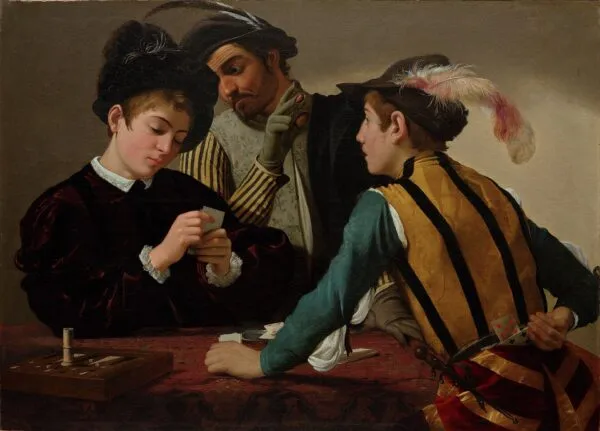 The Cardsharps (1596) by Caravaggio — original painting reproduced as a hand-painted oil on canvas