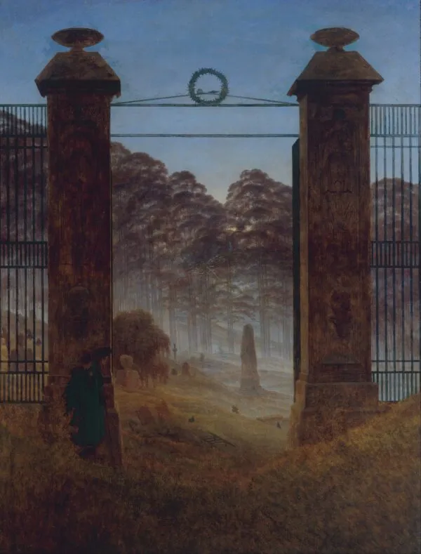 The Cemetery Entrance (1825) by Caspar David Friedrich — original painting reproduced as a hand-painted oil on canvas