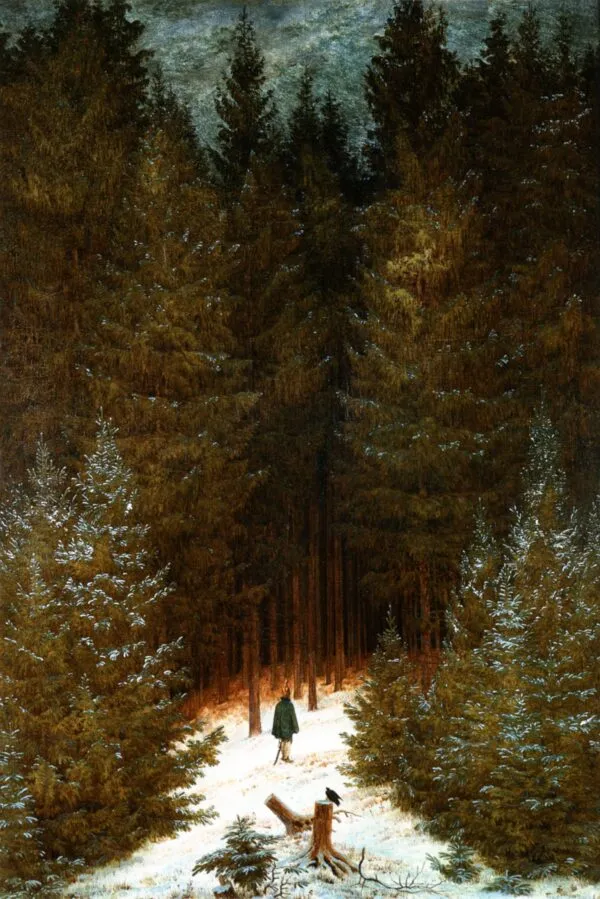 The Chasseur in the forest (1813) by Caspar David Friedrich — original painting reproduced as a hand-painted oil on canvas