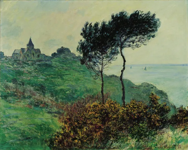 The Church at Varengeville, Grey Weather (1882) by Claude Monet — original painting reproduced as a hand-painted oil on canvas