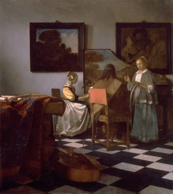 The Concert (1663) by Johannes Vermeer — original painting reproduced as a hand-painted oil on canvas