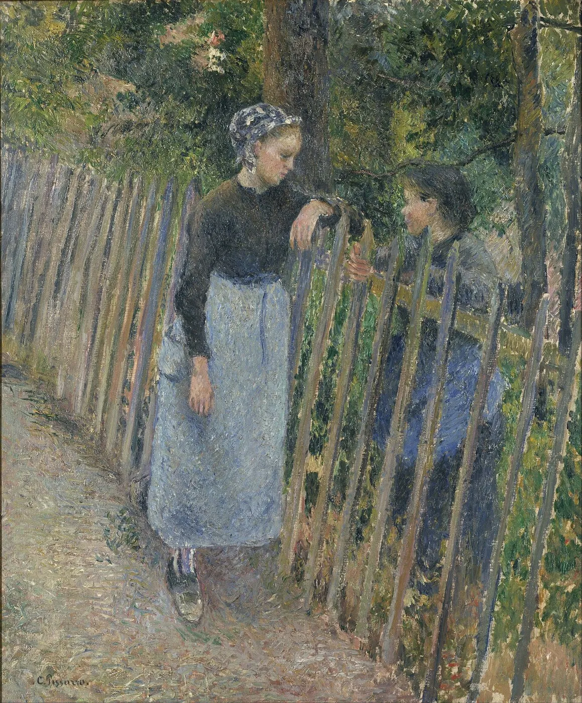 The Conversation (1881) by Camille Pissarro — original painting reproduced as a hand-painted oil on canvas