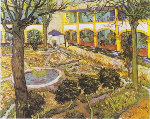 The Courtyard of the Hospital at Arles (1889) by Vincent van Gogh — original painting reproduced as a hand-painted oil on canvas