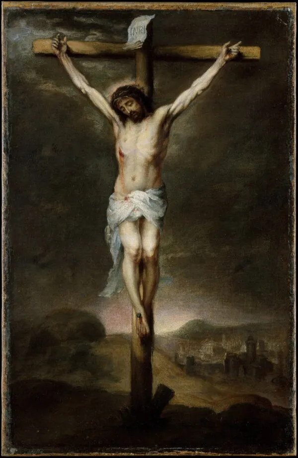 The Crucifixion (1675) by Bartolomé Esteban Murillo — original painting reproduced as a hand-painted oil on canvas