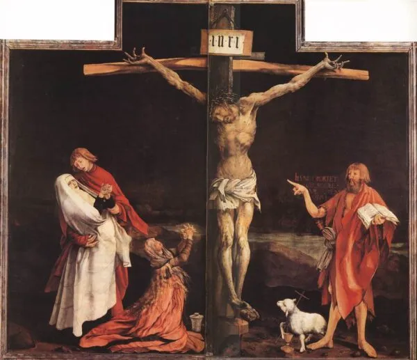 The Crucifixion (1514) by Matthias Grünewald — original painting reproduced as a hand-painted oil on canvas