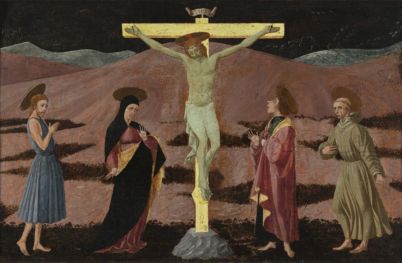 The Crucifixion with the Virgin, Saint John the Baptist, Saint John the Evangelist and Saint Francis (1460) by Paolo Uccello — original painting reproduced as a hand-painted oil on canvas