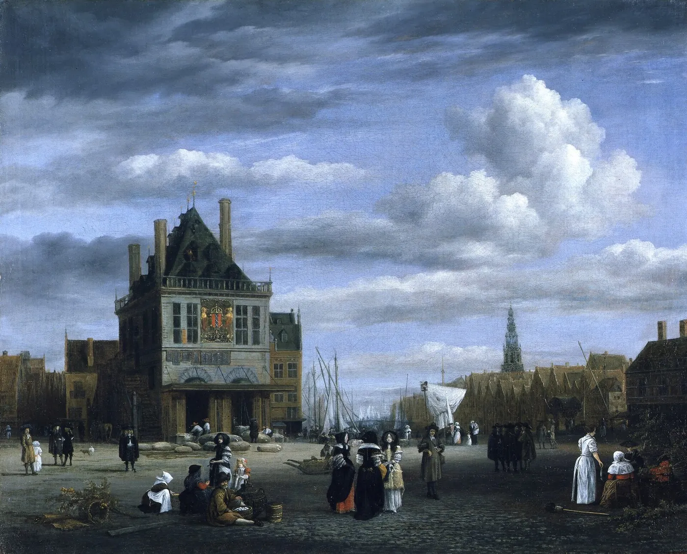 The Dam Square in Amsterdam with the Weigh House (1675) by Jacob van Ruisdael — original painting reproduced as a hand-painted oil on canvas