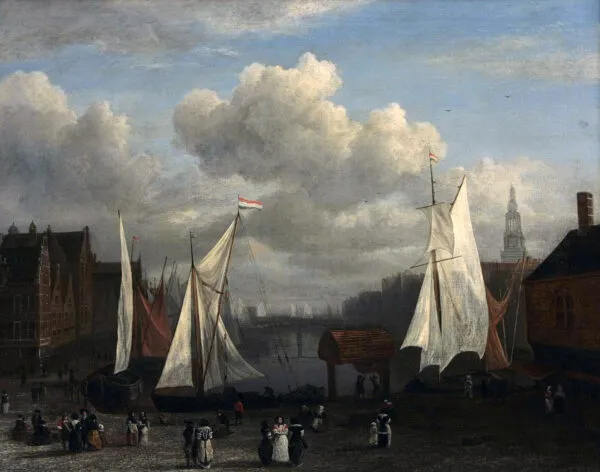 The Damrak in Amsterdam (1670) by Jacob van Ruisdael — original painting reproduced as a hand-painted oil on canvas