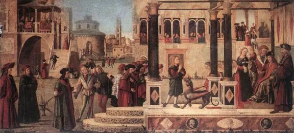 The Daughter of of Emperor Gordian is Exorcised by St Triphun (1507) by Vittore Carpaccio — original painting reproduced as a hand-painted oil on canvas