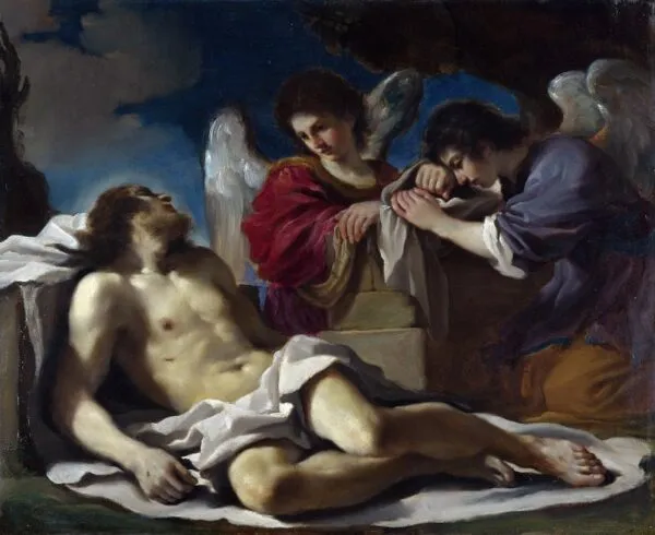The Dead Christ Mourned by Two Angels (1618) by Guercino — original painting reproduced as a hand-painted oil on canvas