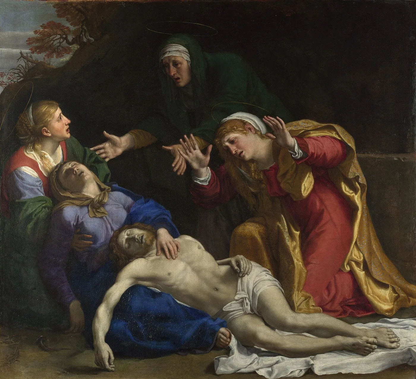 The Dead Christ Mourned ('The Three Maries') (1604) by Annibale Carracci — original painting reproduced as a hand-painted oil on canvas
