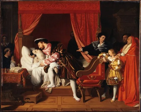The Death of Leonardo da Vinci (1818) by Jean-Auguste-Dominique Ingres — original painting reproduced as a hand-painted oil on canvas