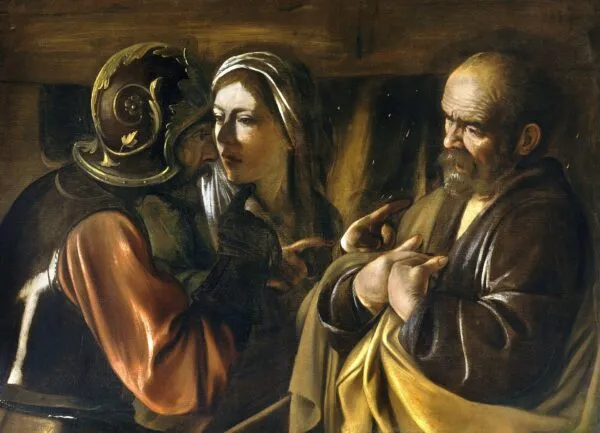 The Denial of Saint Peter (1610) by Caravaggio — original painting reproduced as a hand-painted oil on canvas