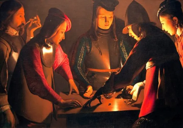 The Dice Players (1650) by Georges de La Tour — original painting reproduced as a hand-painted oil on canvas