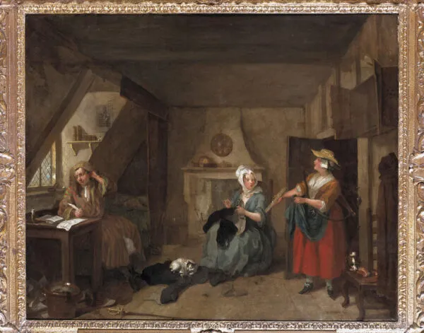 The Distrest Poet (1736) by William Hogarth — original painting reproduced as a hand-painted oil on canvas