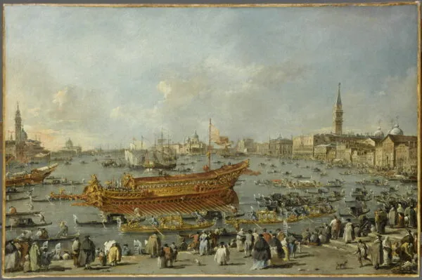 The Doge Alvise IV. Mocenigo on the Bucentaur near the Riva di Sant'Elena (1770) by Francesco Guardi — original painting reproduced as a hand-painted oil on canvas