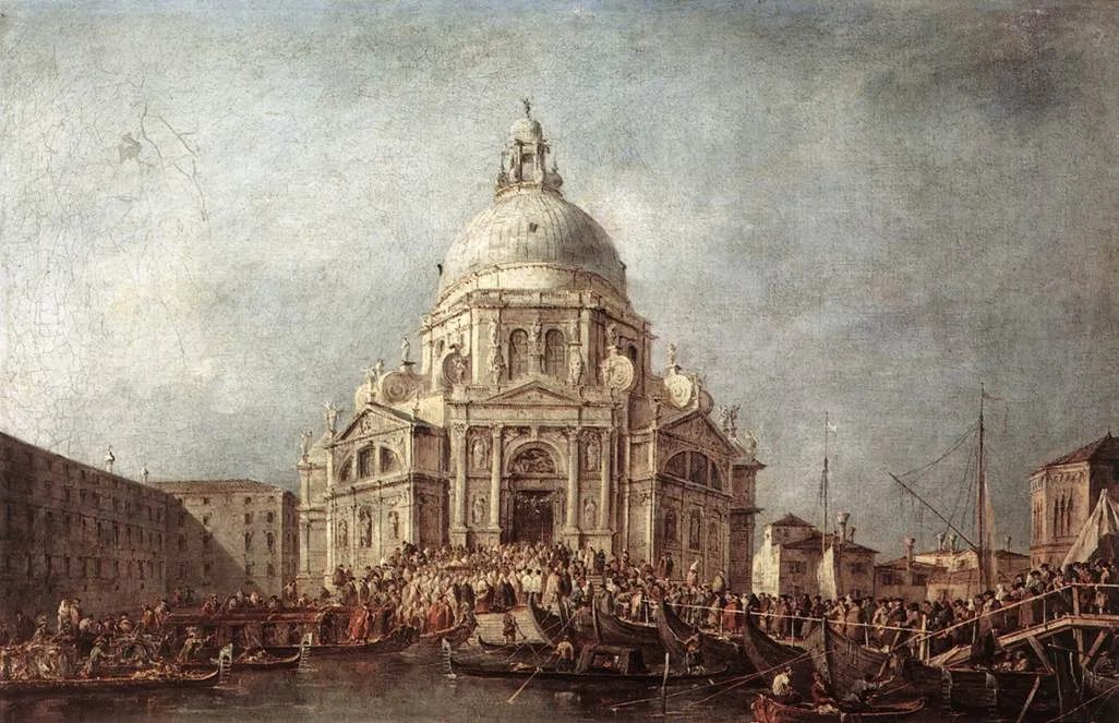 The Doge at the Basilica of La Salute (1775) by Francesco Guardi — original painting reproduced as a hand-painted oil on canvas