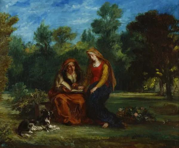 The Education of the Virgin (1852) by Eugène Delacroix — original painting reproduced as a hand-painted oil on canvas