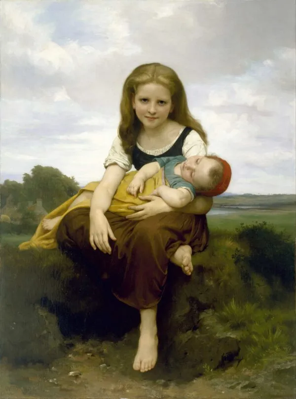 The Elder Sister (1869) by William-Adolphe Bouguereau — original painting reproduced as a hand-painted oil on canvas
