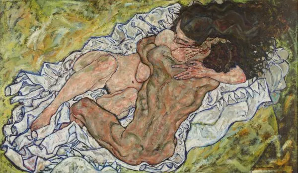 The embrace (1917) by Egon Schiele — original painting reproduced as a hand-painted oil on canvas