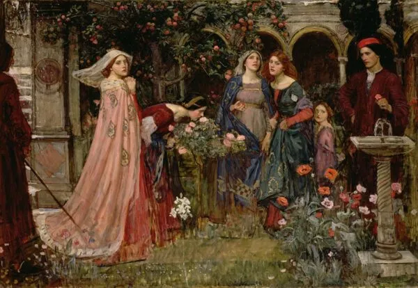 The Enchanted Garden (1916) by John William Waterhouse — original painting reproduced as a hand-painted oil on canvas