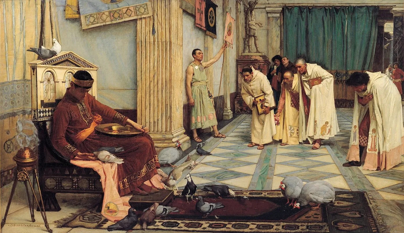 The Favourites of the Emperor Honorius (1883) by John William Waterhouse — original painting reproduced as a hand-painted oil on canvas