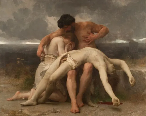 The First Mourning (1888) by William-Adolphe Bouguereau — original painting reproduced as a hand-painted oil on canvas