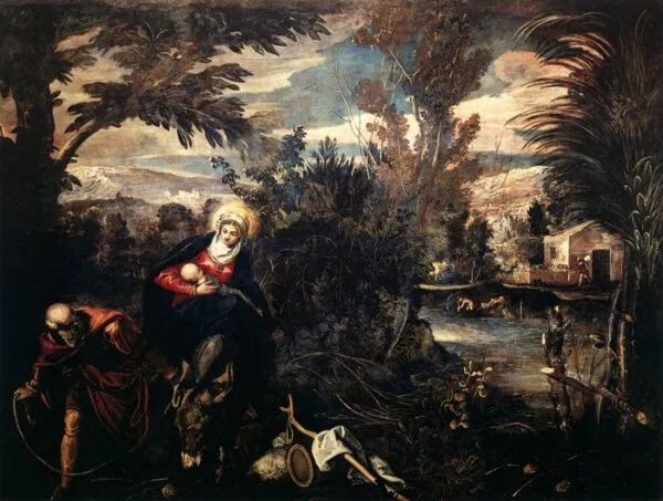 The Flight into Egypt (1583) by Jacopo Tintoretto — original painting reproduced as a hand-painted oil on canvas