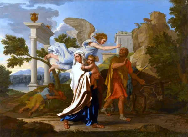 The Flight into Egypt (1658) by Nicolas Poussin — original painting reproduced as a hand-painted oil on canvas