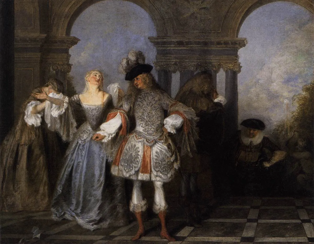 The French Comedians (1720) by Jean-Antoine Watteau — original painting reproduced as a hand-painted oil on canvas