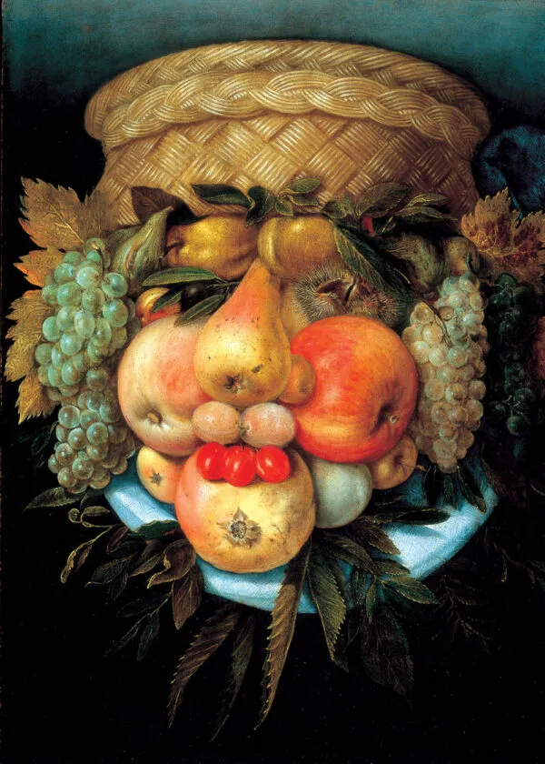 The Fruit Basket (1550) by Giuseppe Arcimboldo — original painting reproduced as a hand-painted oil on canvas