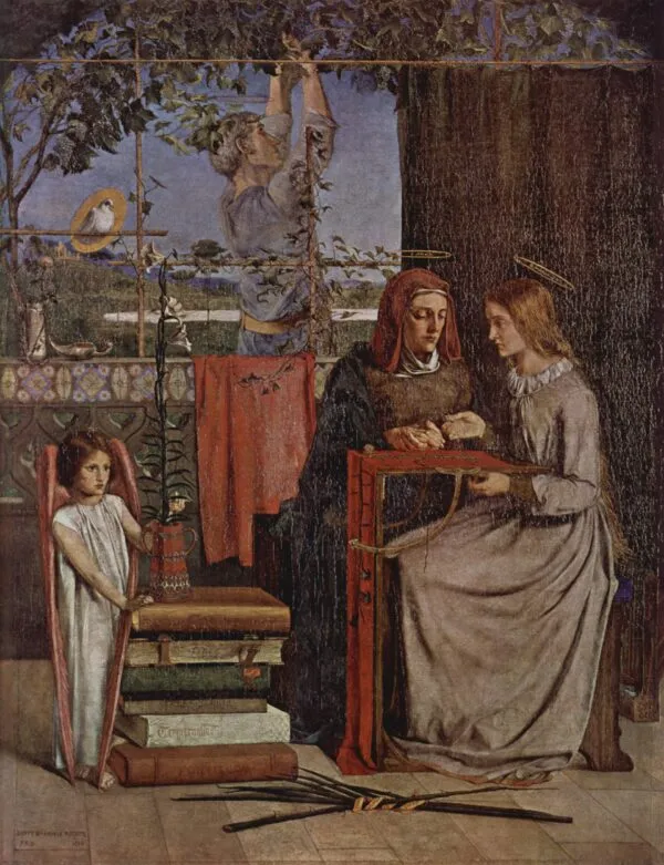 The Girlhood of Mary Virgin (1849) by Dante Gabriel Rossetti — original painting reproduced as a hand-painted oil on canvas