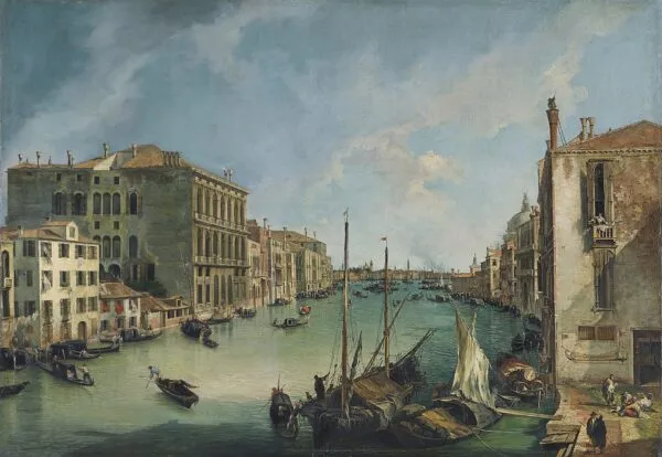 The Grand Canal from San Vio, Venice (1723) by Canaletto — original painting reproduced as a hand-painted oil on canvas
