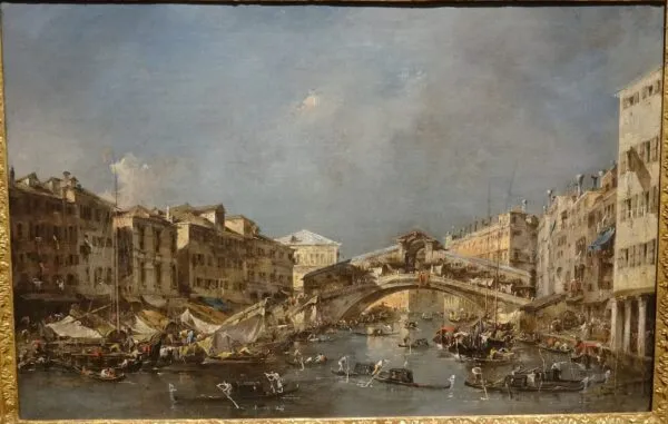 The Grand Canal with the Rialto Bridge from the South (1775) by Francesco Guardi — original painting reproduced as a hand-painted oil on canvas