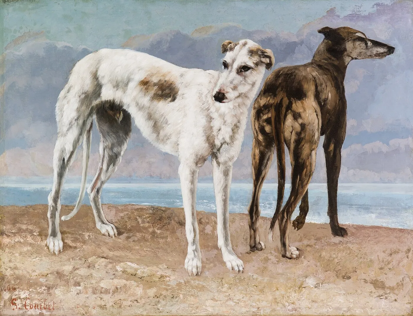 The Greyhounds of the Comte de Choiseul (1866) by Gustave Courbet — original painting reproduced as a hand-painted oil on canvas
