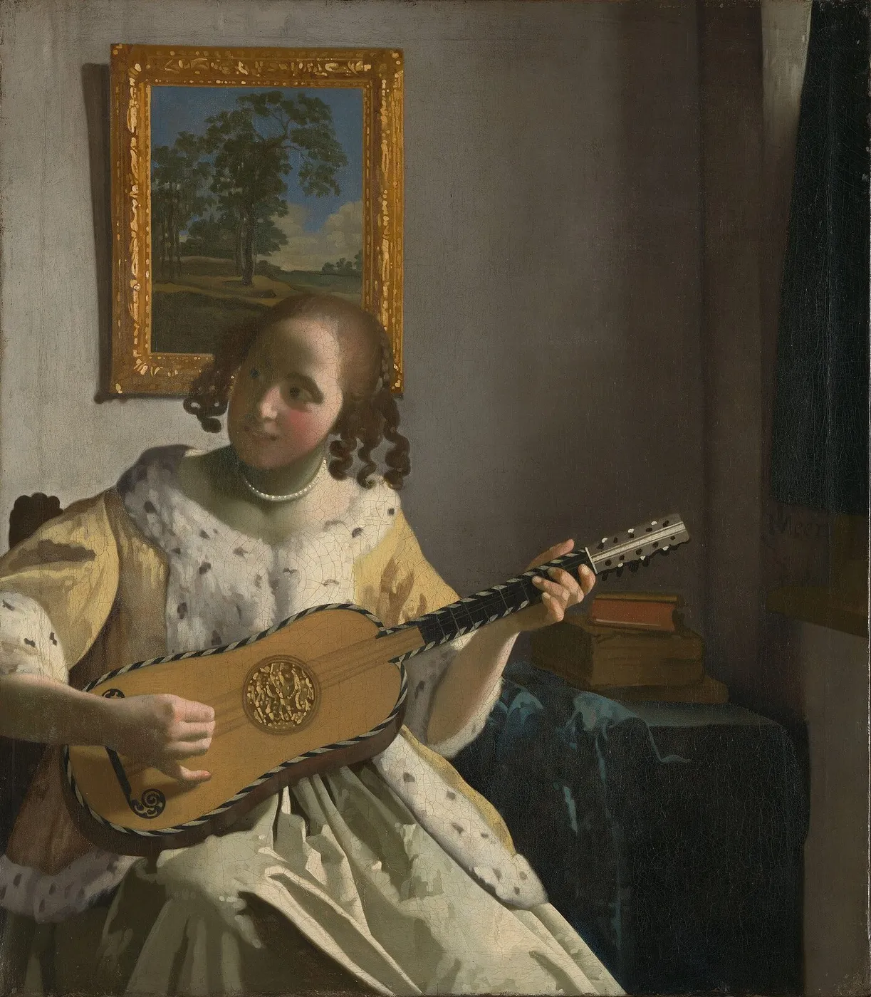The Guitar Player (1672) by Johannes Vermeer — original painting reproduced as a hand-painted oil on canvas