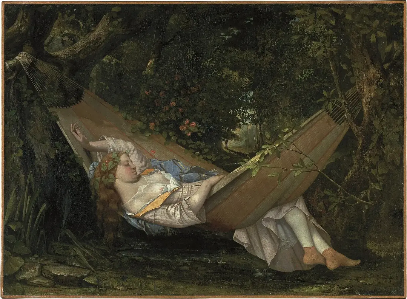 The Hammock (1844) by Gustave Courbet — original painting reproduced as a hand-painted oil on canvas