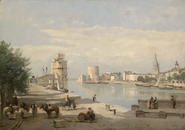 The Harbor of La Rochelle (1851) by Jean-Baptiste Camille Corot — original painting reproduced as a hand-painted oil on canvas