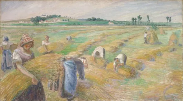 The Harvest (1882) by Camille Pissarro — original painting reproduced as a hand-painted oil on canvas