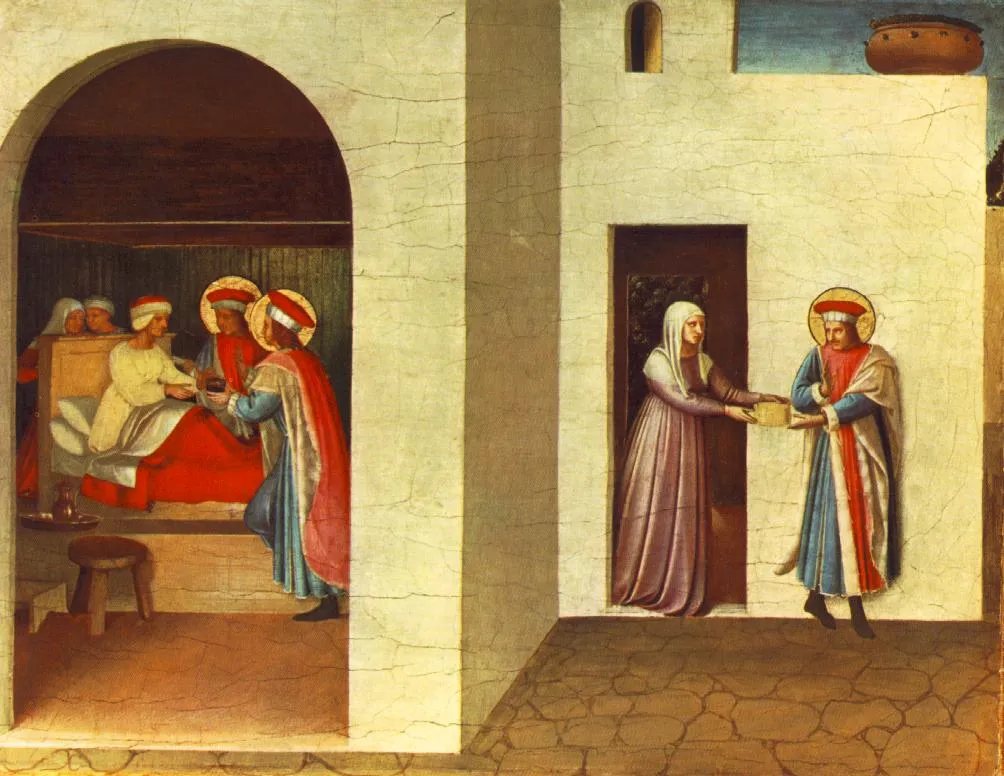 The Healing of Palladia by Saints Cosmas and Damian (1438) by Fra Angelico — original painting reproduced as a hand-painted oil on canvas