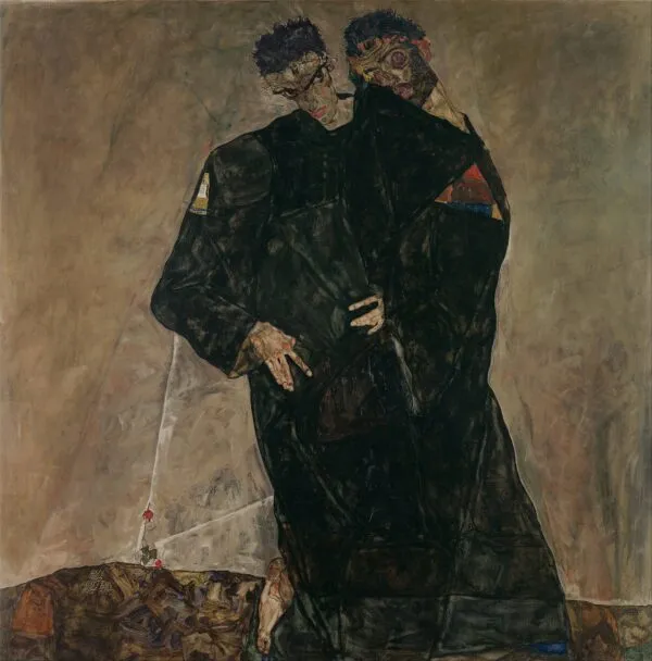 The Hermits (1912) by Egon Schiele — original painting reproduced as a hand-painted oil on canvas