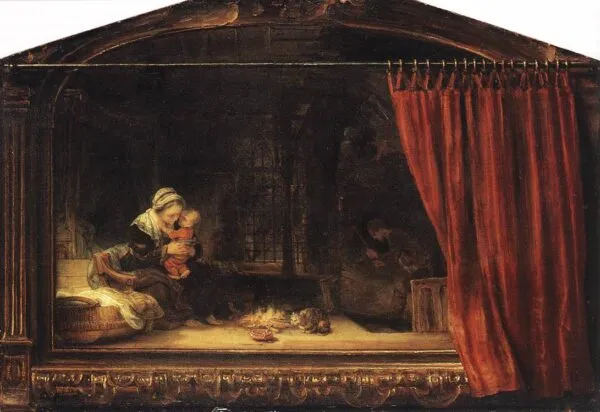 The Holy Family with a Curtain (1646) by Rembrandt — original painting reproduced as a hand-painted oil on canvas