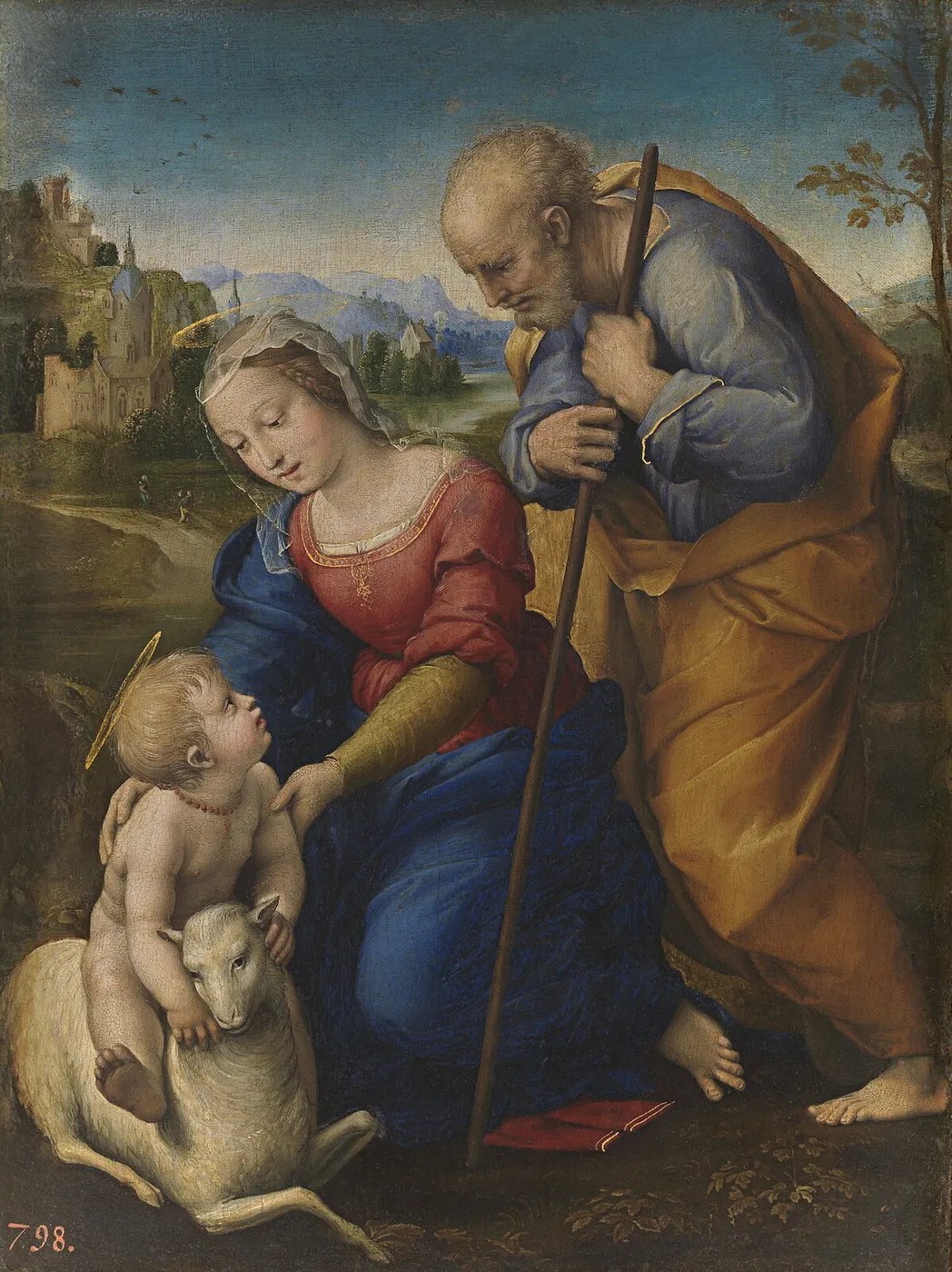 The Holy Family with a Lamb (1507) by Raphael — original painting reproduced as a hand-painted oil on canvas