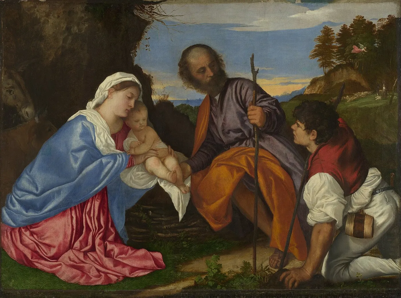 The Holy Family with a Shepherd (1510) by Titian — original painting reproduced as a hand-painted oil on canvas